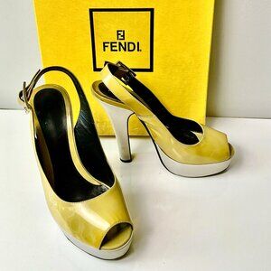 These Vintage FENDI Yellow Patent Leather Slingback Platform Heels are a stylish